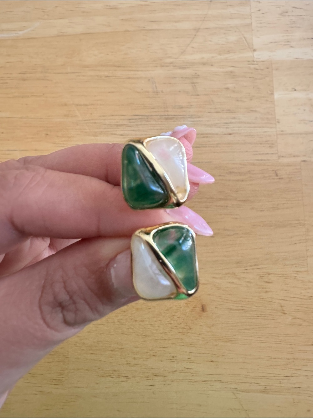 Gold-Trim Green and Cream Two-Tone Stud Earrings by